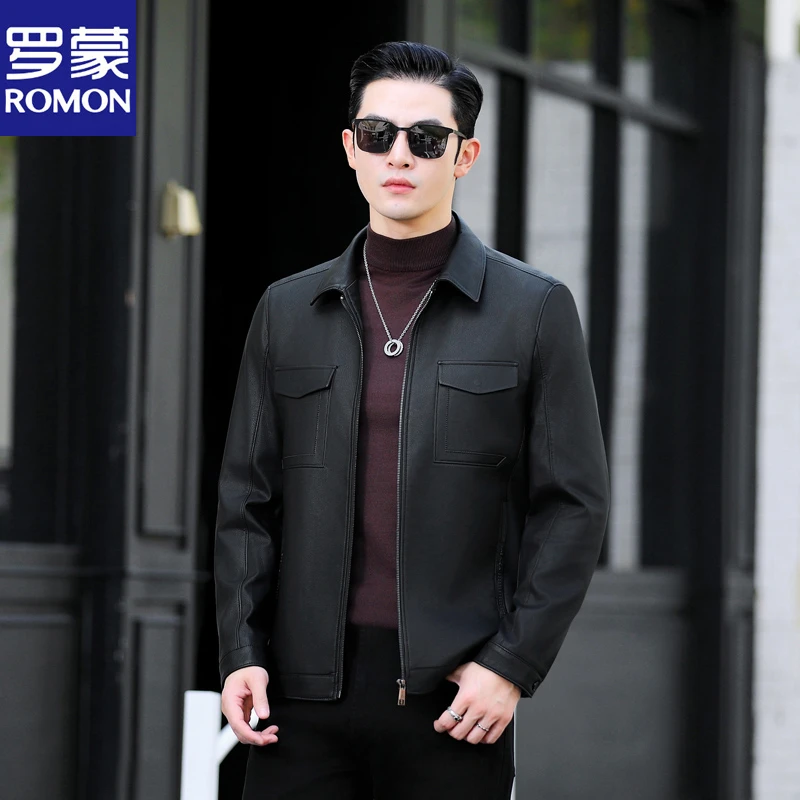 Romon/罗蒙男士皮夹克休闲皮衣翻领皮衣纯色拉链多口袋外套