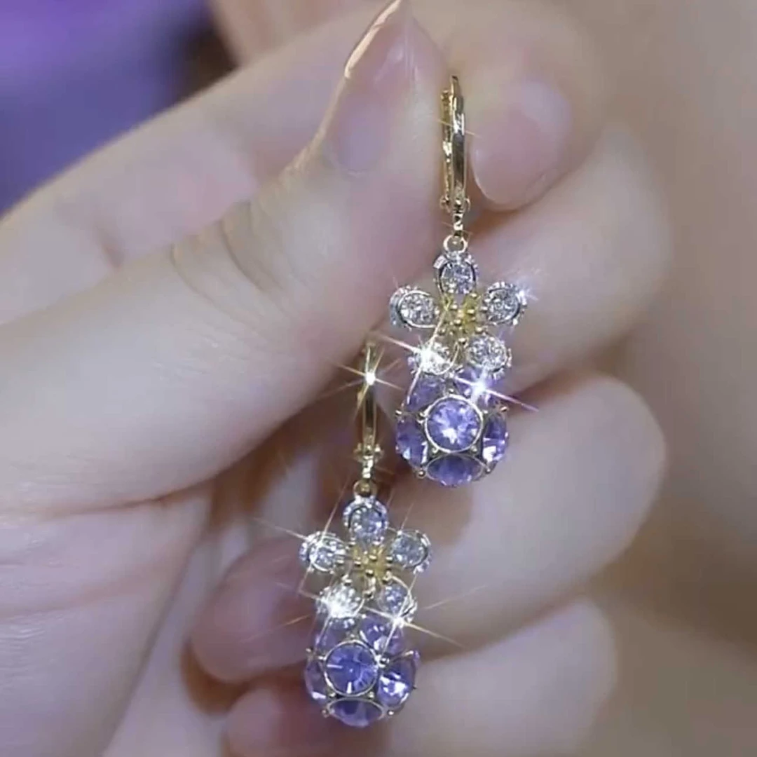锌合金耳饰 紫色锆石花球球耳钩耳环清新设计感网红百搭耳饰气质