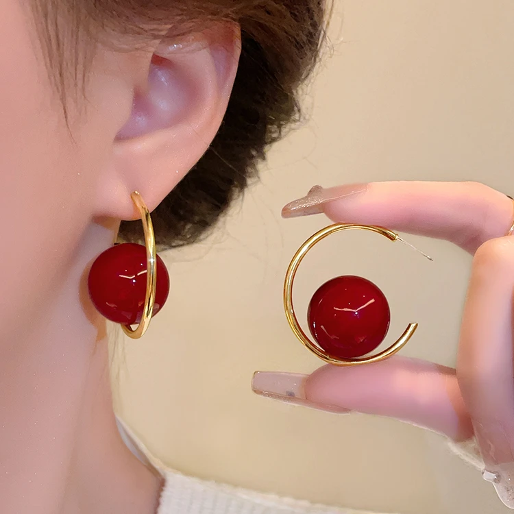 锌合金耳饰 红色耳钉女耳环小众设计感高级感2023年新年款洋气