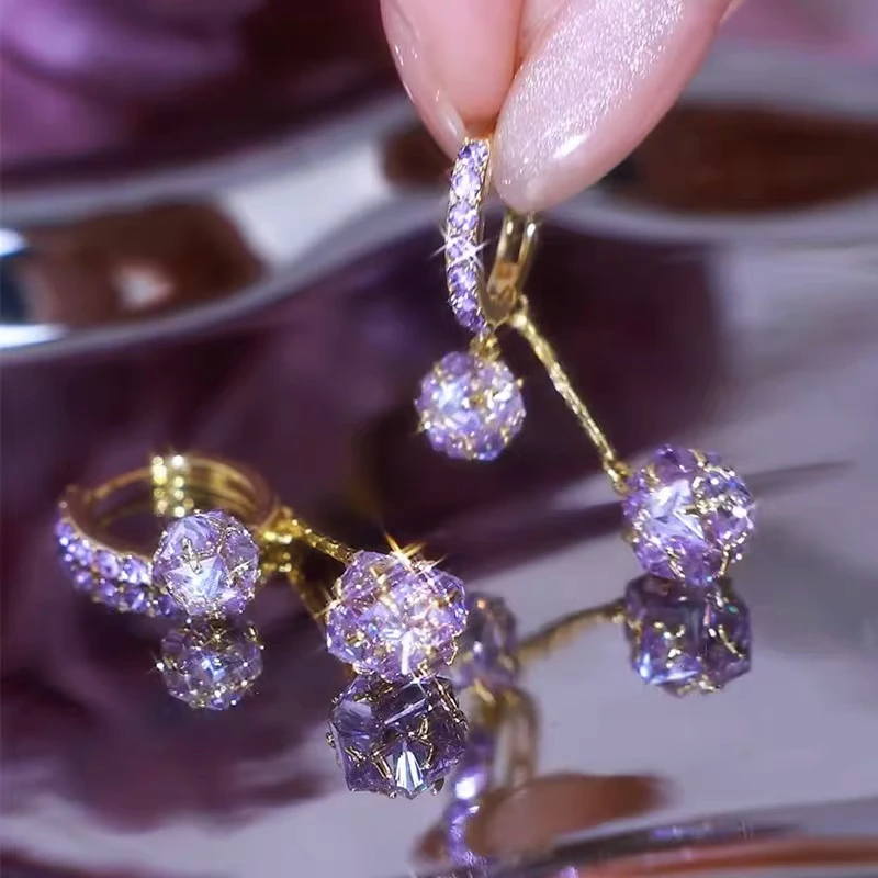 锌合金耳饰 轻奢紫色锆石球球流苏耳环气质满钻耳扣时尚显瘦耳饰