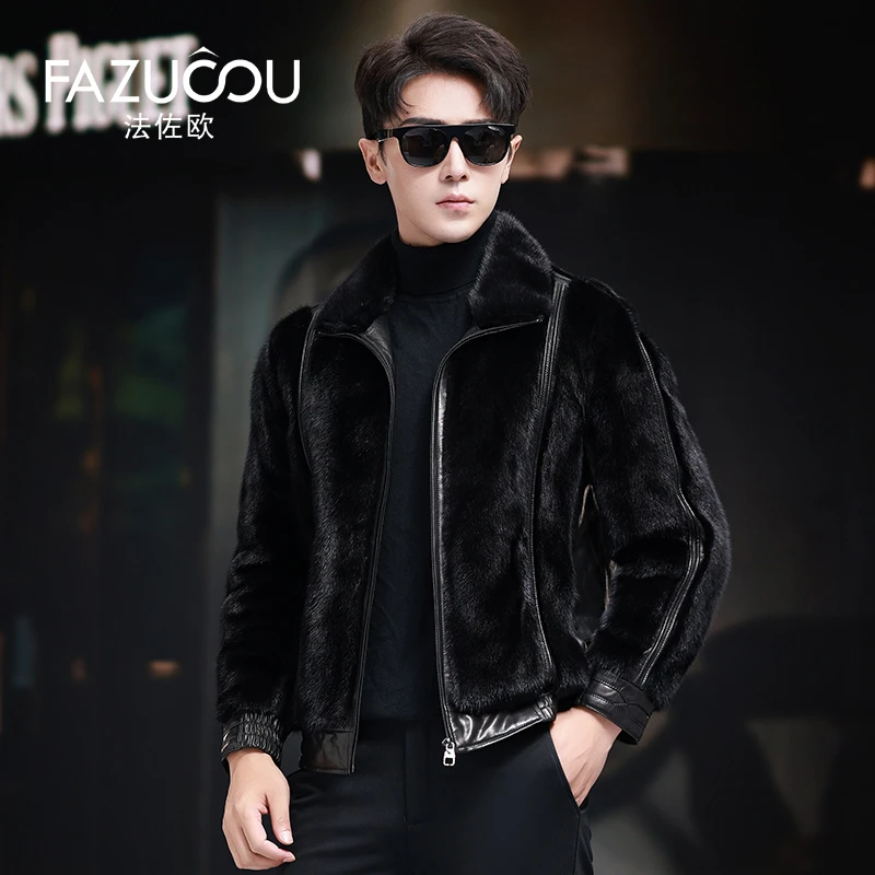 高级轻奢冬季鹅绒整貂皮夹克防寒保暖翻领真皮皮衣男生真皮外套