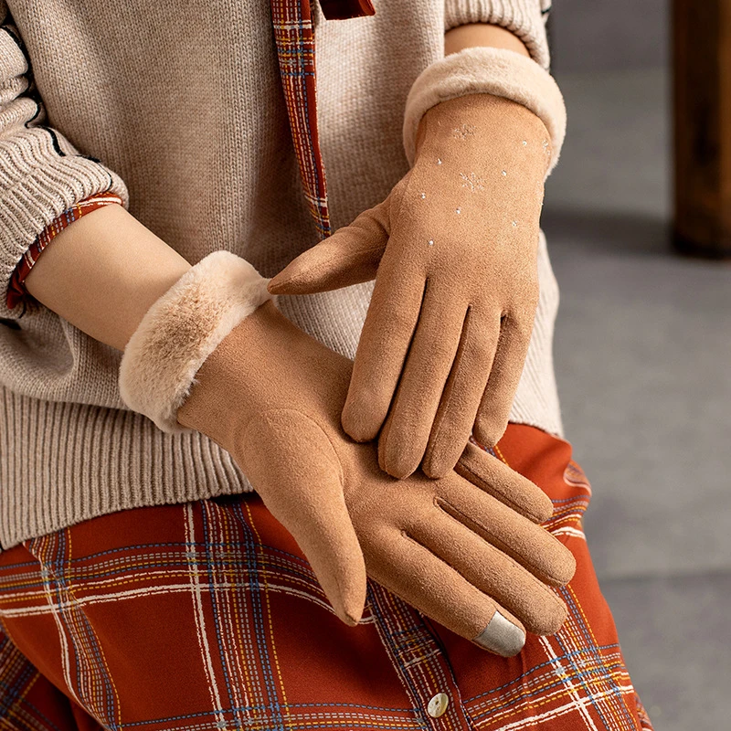 加绒女士冬季手套麂皮绒保暖防风秋冬天户外精致可爱骑行触屏手套