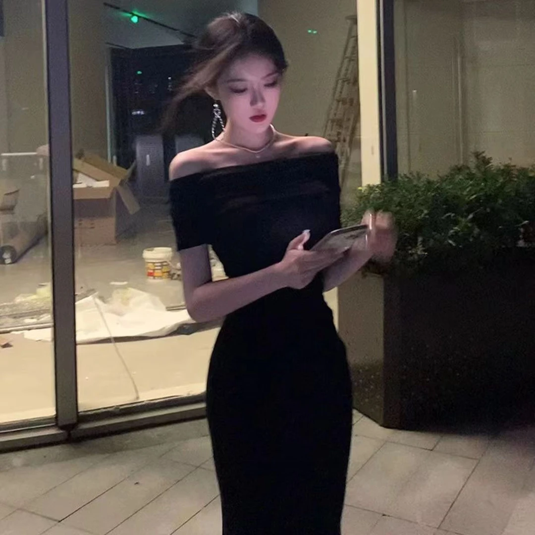 法式御姐风黑色一字肩连衣裙女夏款2024新款风情万种修身包臀长裙