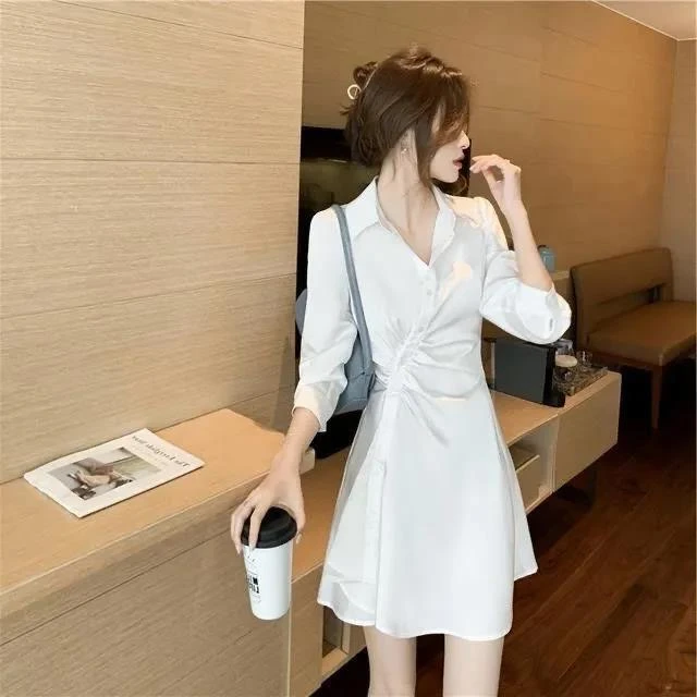 法式高级感黑色长袖衬衫连衣裙小个子气质女装ol裙子2024夏季新款