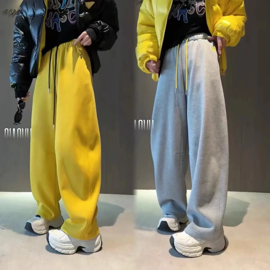 秋冬加绒加厚刺绣休闲裤宽松显瘦阔腿裤百搭