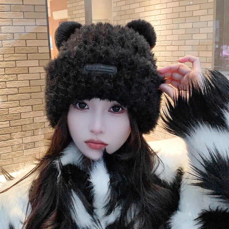 冬天帽子小熊毛绒帽子女毛茸茸甜美可爱网红百搭保暖大头围帽子