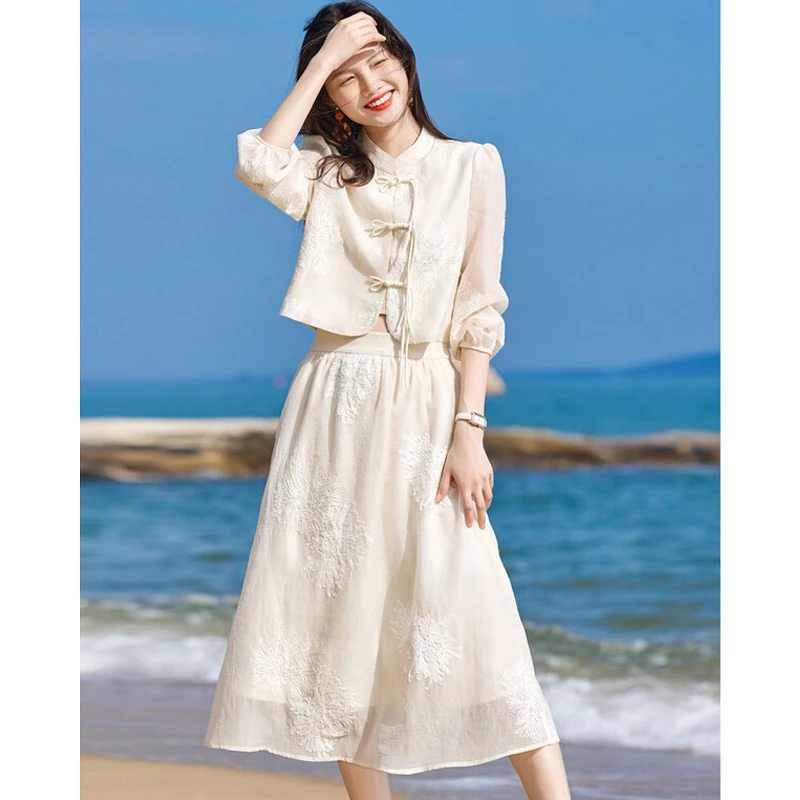 【24029】薄款显高显瘦新中式立体提花流苏盘扣上衣+半身裙套装