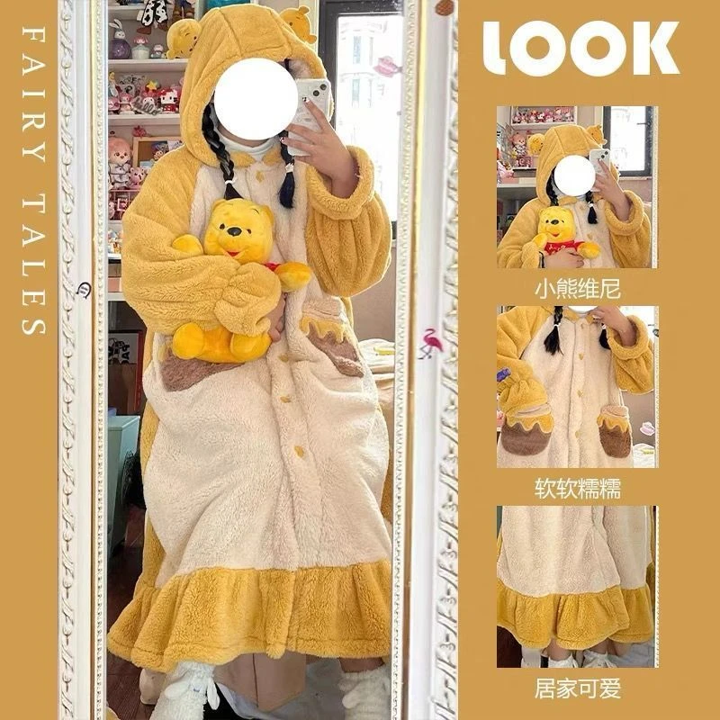 维尼熊连帽珊瑚绒睡衣冬季加绒睡袍2023新款家居服毛绒家居服保暖