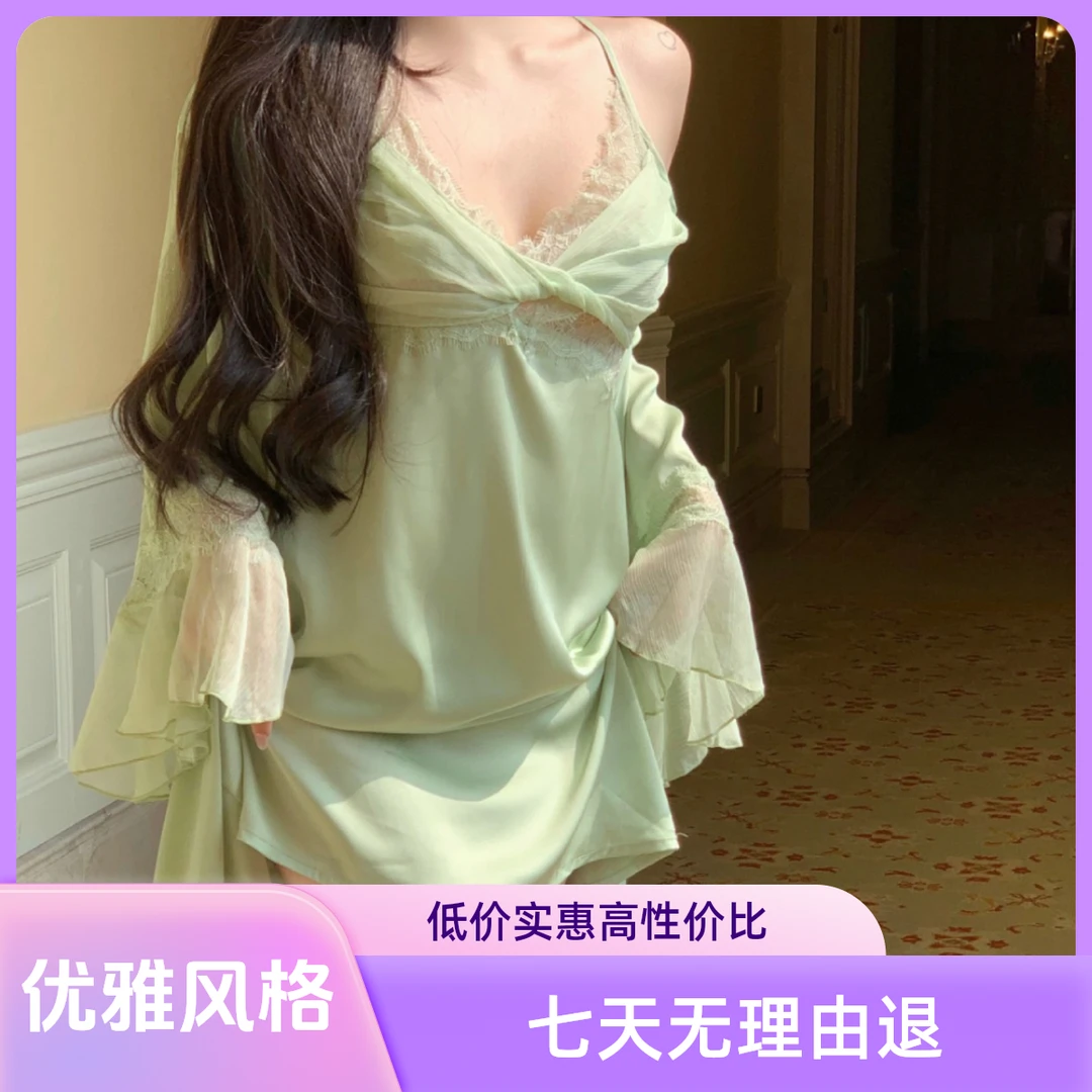 薄款法式睡衣女轻奢月光软丝蕾丝外套高定时尚夏季显瘦睡裙套装