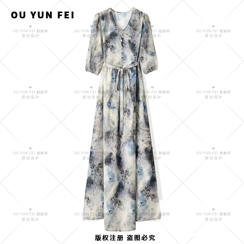 女装连衣裙碎花气质长裙轻奢时尚女士印花复古收腰中长款F1278