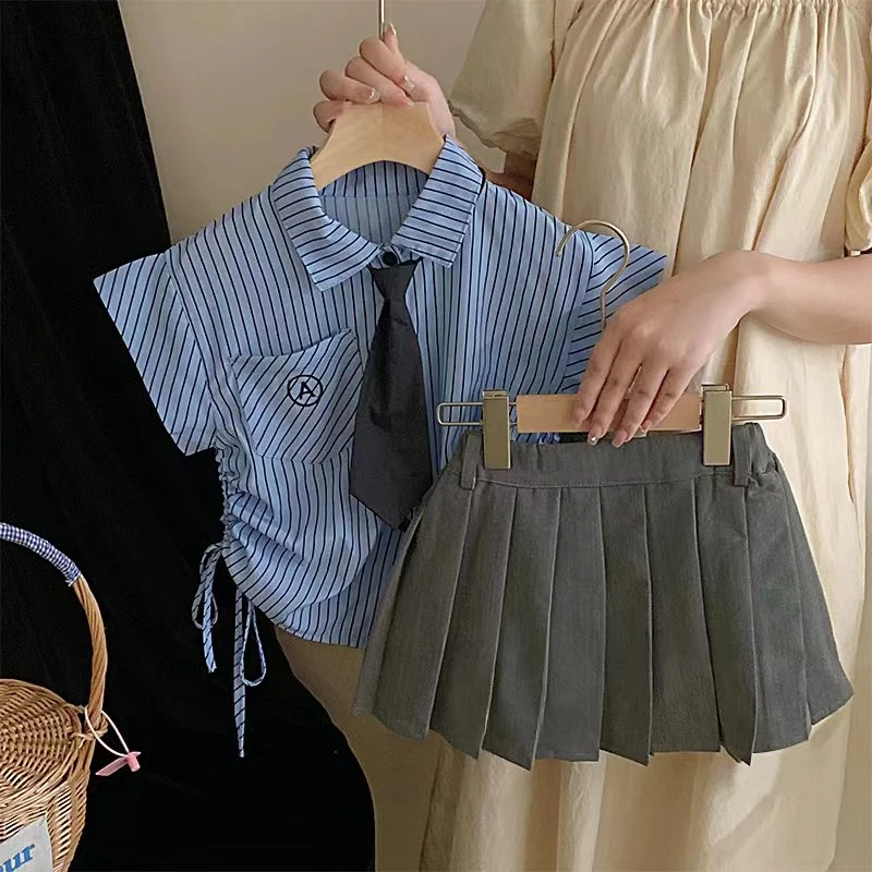 女童夏装套装2023夏季新款中大儿童竖条纹无袖上衣百褶短裙两件套