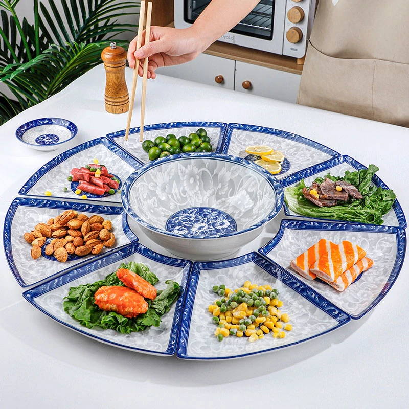 青花拼盘聚会创意拼盘餐具组合过年圆桌摆盘扇形菜盘汤古汤碗陶瓷