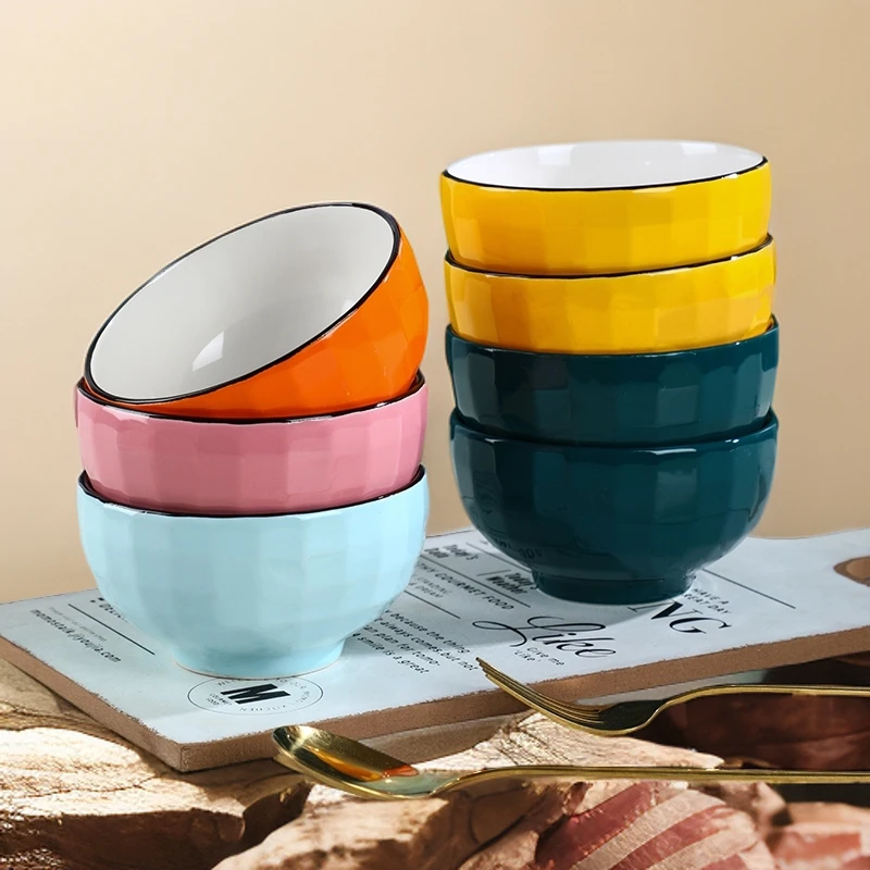 【分色餐具】彩色鉆石碗陶瓷碗4.5英寸餐具家用纯色米饭碗加厚大号
