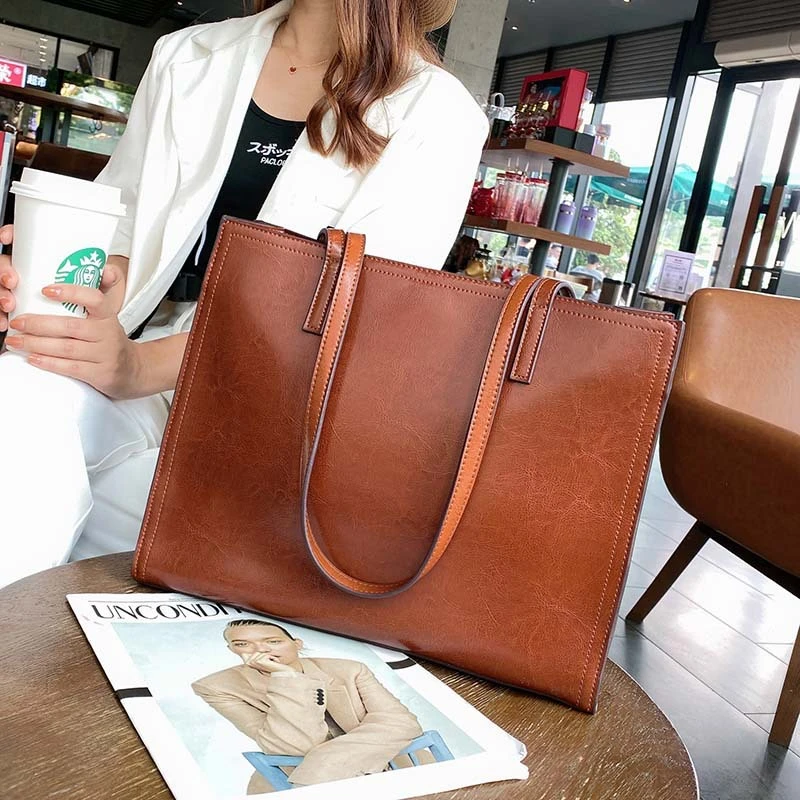 包包女高端新款时尚韩版女包油蜡牛皮大容量单肩包手提包A4文件包