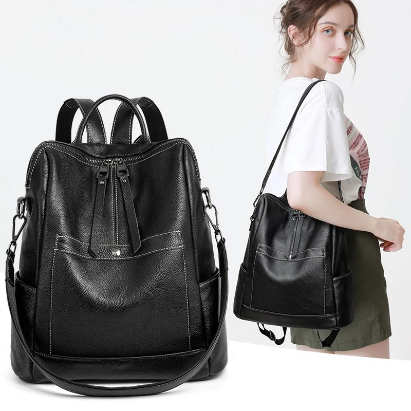 牛皮双肩包女高档新款休闲百搭旅行包时尚潮流多功能两用女士背包