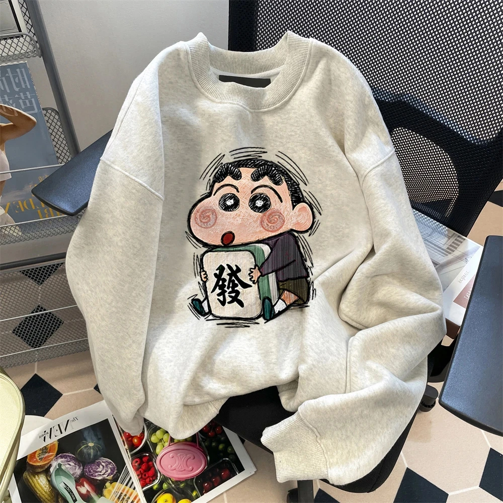 日系复古蜡笔小新印花卫衣男士秋冬宽松新款港风vintage高级外套