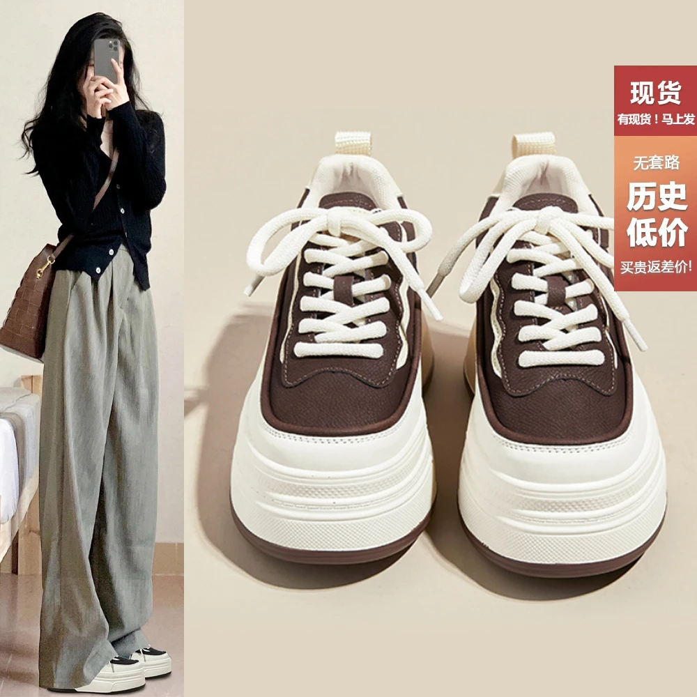 9cm小个子内增高女鞋2025春季真皮透气小白鞋女运动百搭松糕厚底