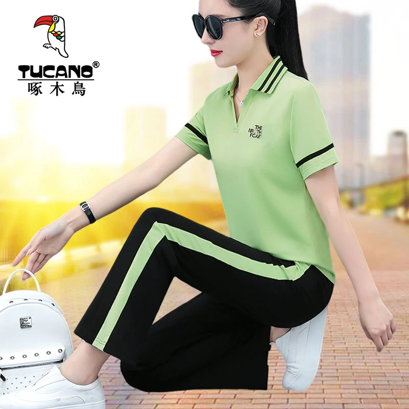 啄木鸟夏季新款中老年高档百搭套装女士休闲广场舞两件装女妈妈装