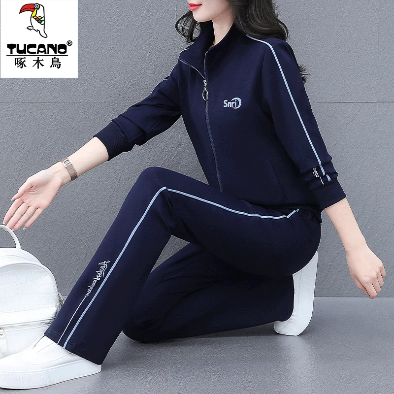 【官方正品】啄木鸟春秋季休闲运动服套装女2024新款大码减龄三件套