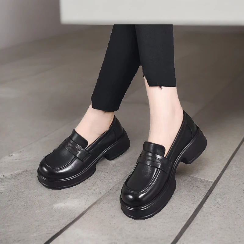 2024年圓頭粗跟厚底乐福英伦风韩版小皮鞋女夏秋休閒百搭单鞋女鞋