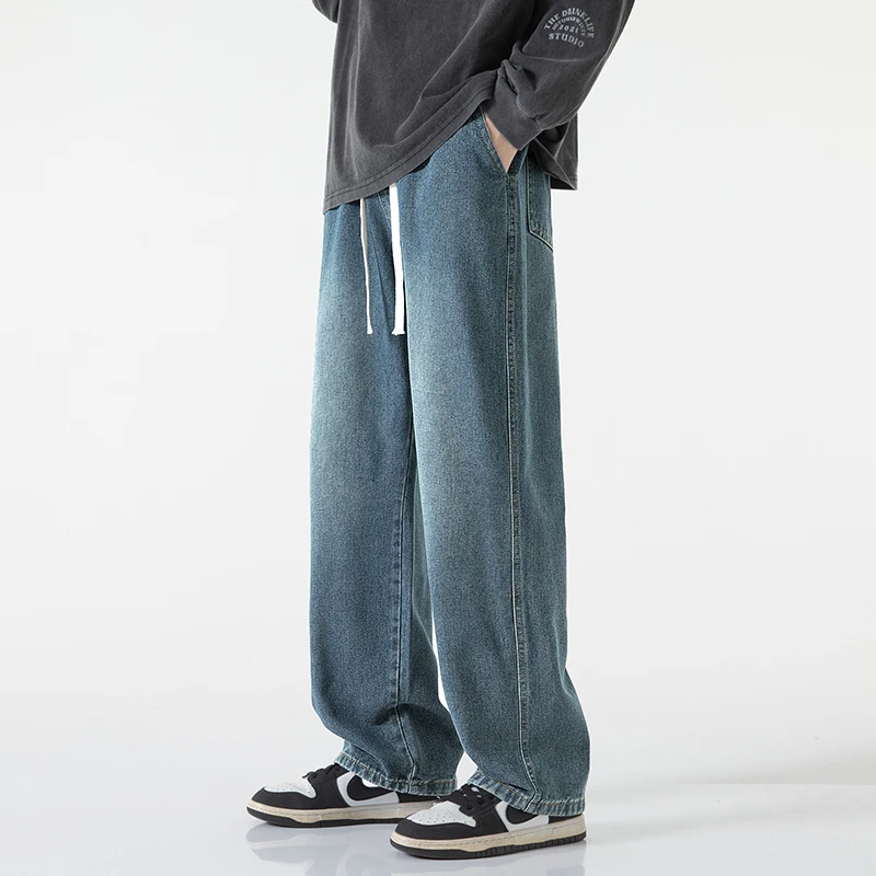 夏季垂感宽松直筒百搭学生裤松紧腰水洗长裤子复古高街牛仔裤13