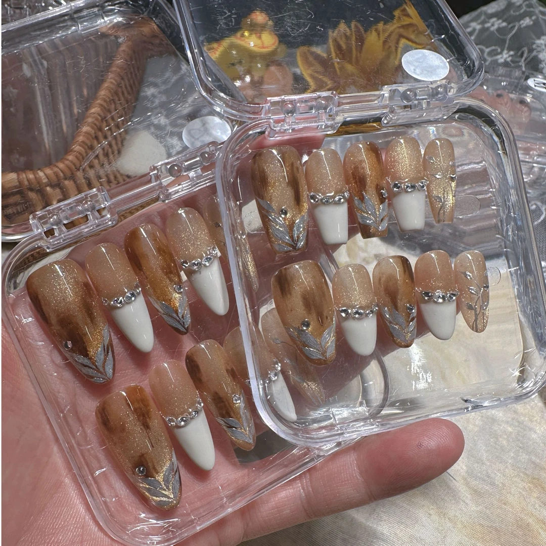 【琥珀】猫眼 晕染法式  手绘麦穗小花  秋日必备  手工穿戴甲