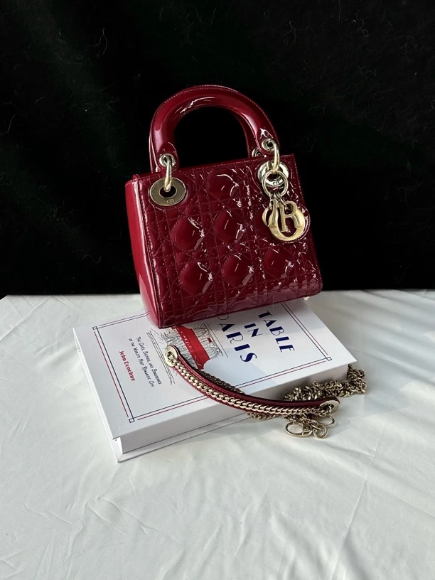 95新 DIOR/迪奥 dior 车厘子红三格戴妃斜挎包(K)
