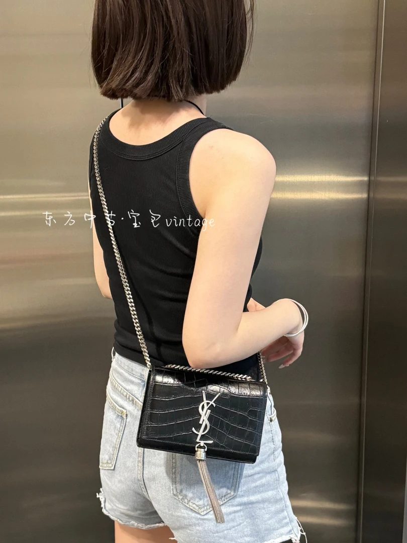95新 YSL/圣罗兰 ysl 黑银鳄压纹流苏kate小号斜挎包