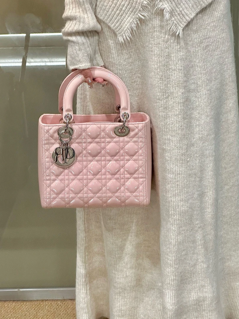 95新 DIOR/迪奥 dior 樱花粉漆皮五格戴妃斜挎包