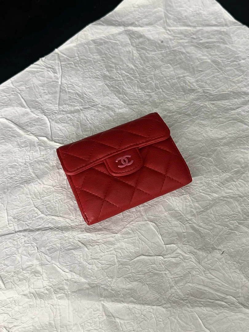 95新 Chanel/香奈儿 (K)chanel 酒红色短款cf卡包零钱包