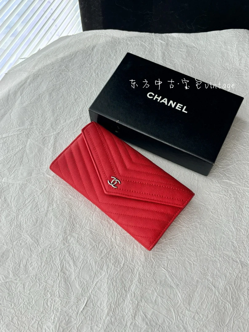 95新 Chanel/香奈儿 chanel荔枝纹信封钱包带原盒