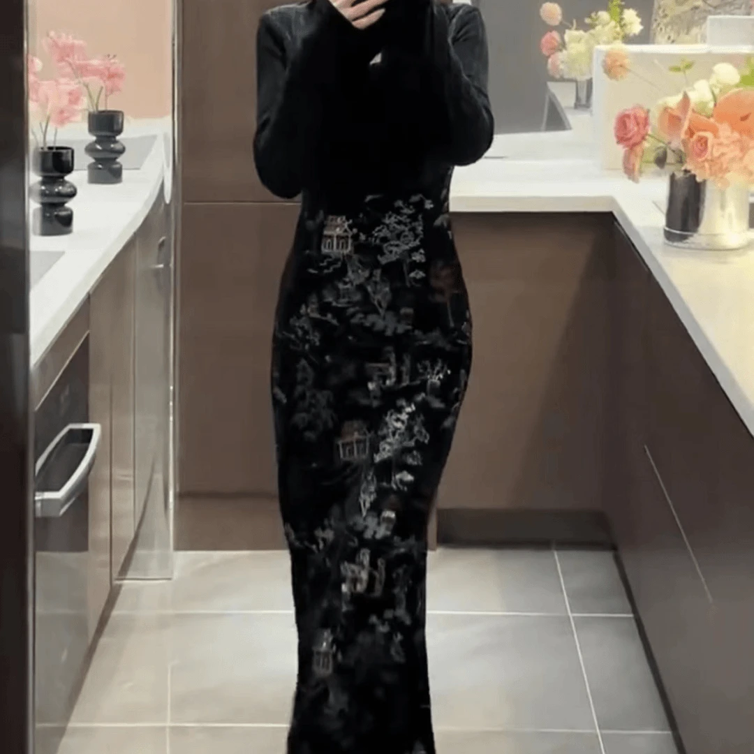 【相思遥】秋季新款国风修身丝绒刺绣连衣裙