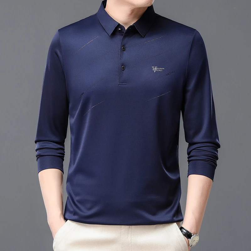 男士商务休闲翻领长袖polo衫高档打底春秋季中年薄款宽松无痕