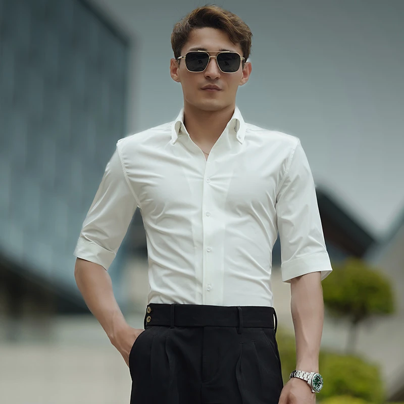 夏季新款衬衫男修身商务休闲薄款潮流帅气纯色潮牌七分袖短袖衬衣