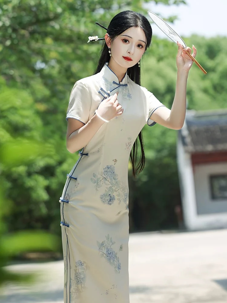 V-1668 蓝绣球 方醋*酸 双层侧八扣 夏款年轻款改良旗袍115cm长款