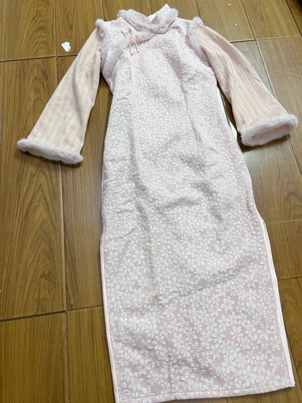 V-2201 粉黛玉 泡泡提花 冬款加绒加厚年轻款改良旗袍120cm长款