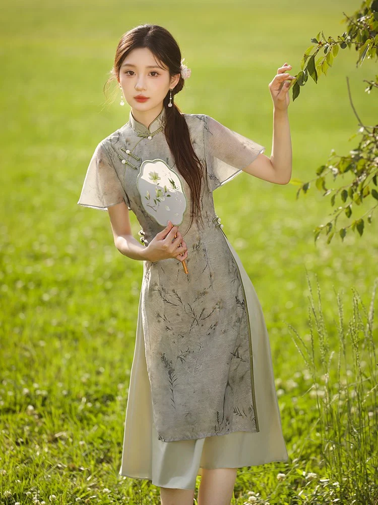 W-1770 枯山石 天*丝提花奥黛 双层 夏款年轻款改良旗袍115cm长款
