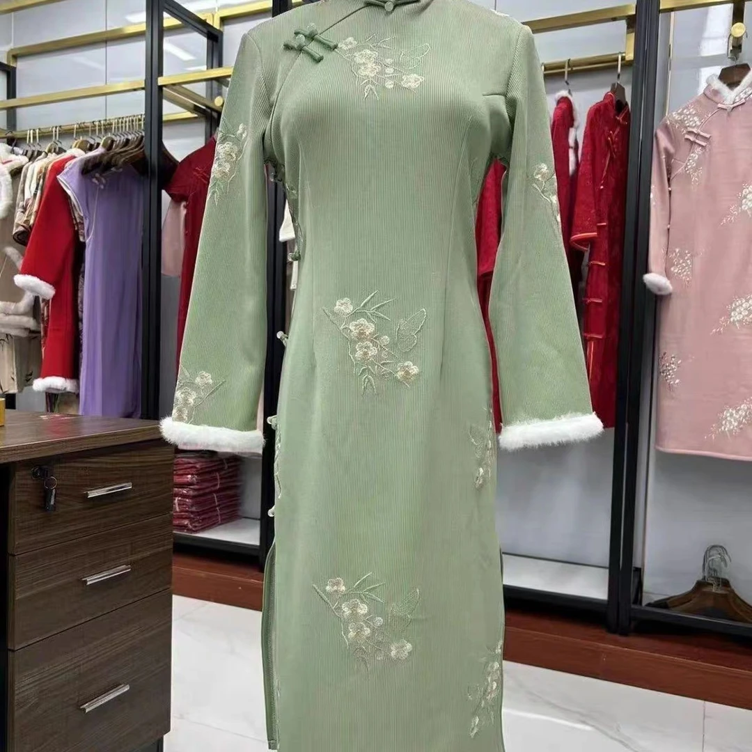 V-2132 锦心 锦禾绉 冬款加绒加厚年轻款改良旗袍110cm长款