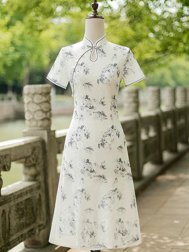 V-1754 苍烟 网纱钩花 水滴领奥黛 夏款年轻款改良旗袍113cm长款