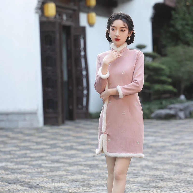 V-2200 化蝶飞 雪花绒 冬款加绒加厚年轻款改良旗袍95cm短款