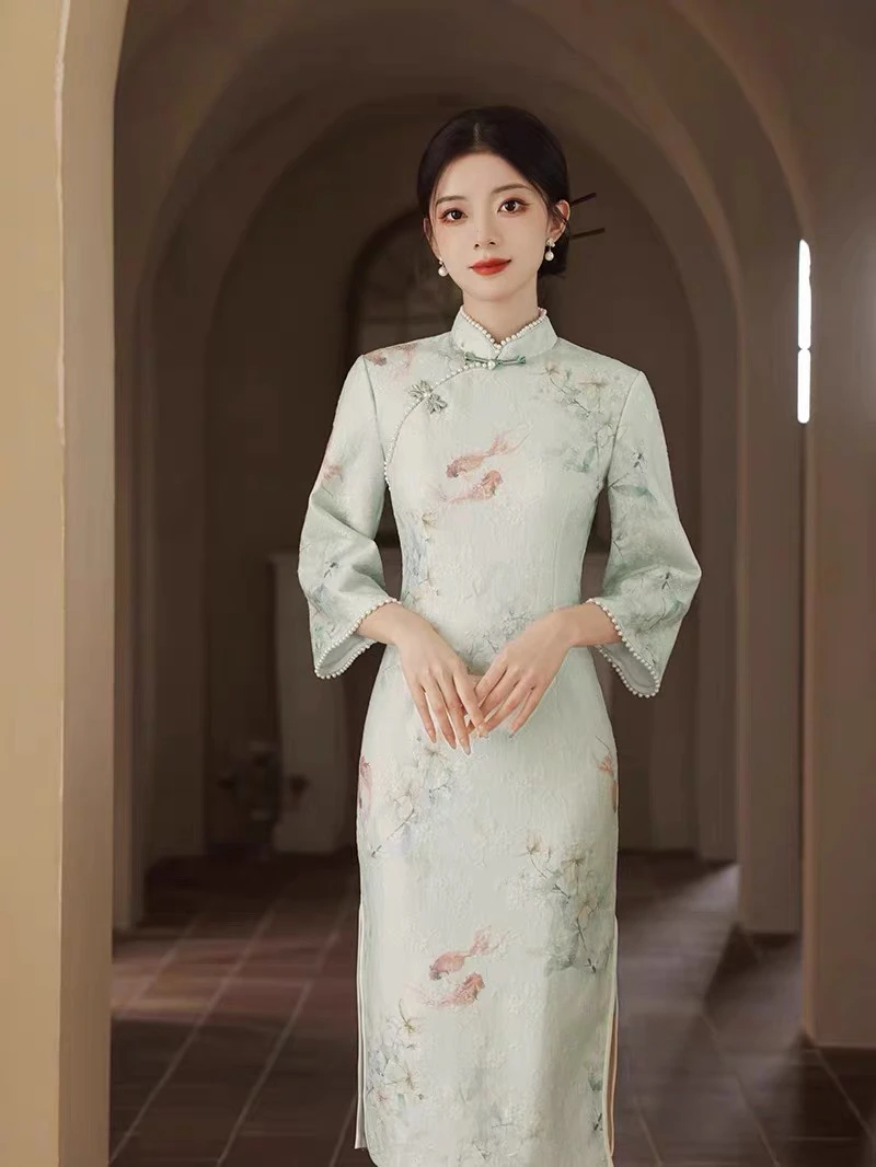 V-1986 温婉如玉 发泡提花 冬款加绒加厚年轻款改良旗袍115cm长款