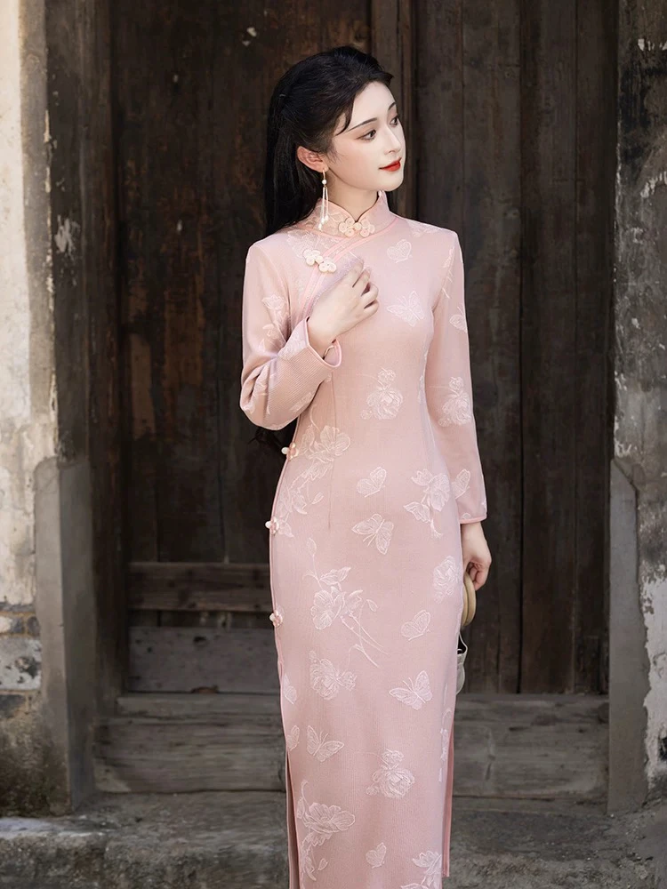 V-2030 蝴蝶谷 条绒印花 初冬款加厚年轻款改良旗袍120cm长款