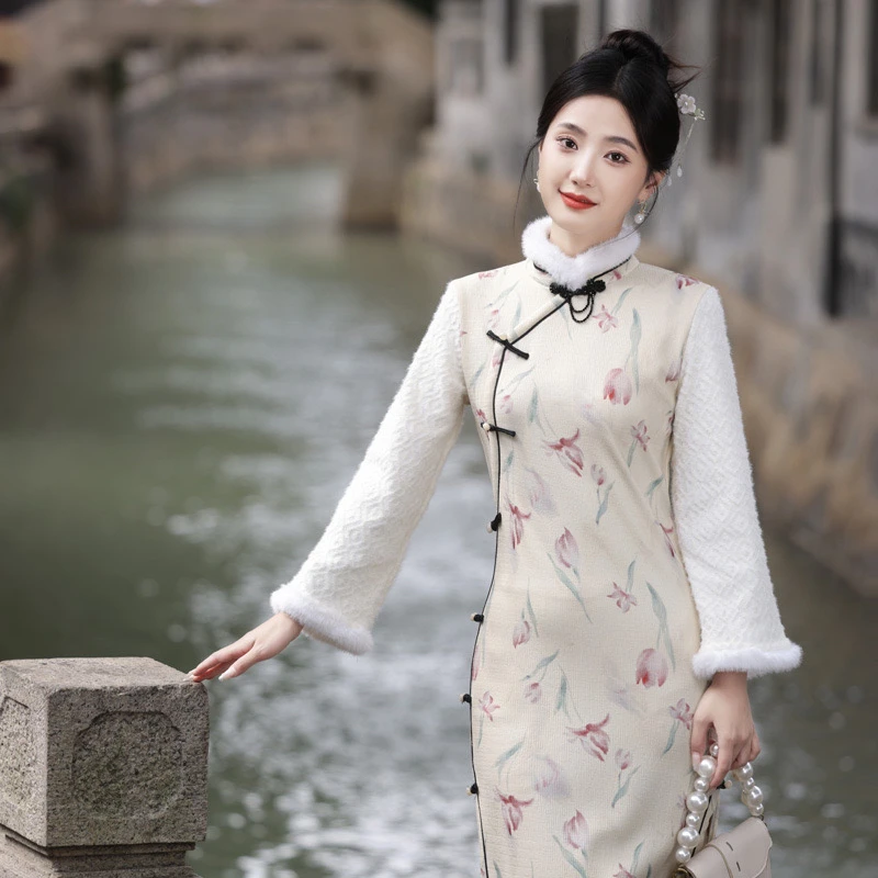 V-2013 粉郁金香 瑾禾绉 冬款加绒加厚年轻款改良旗袍115cm长款