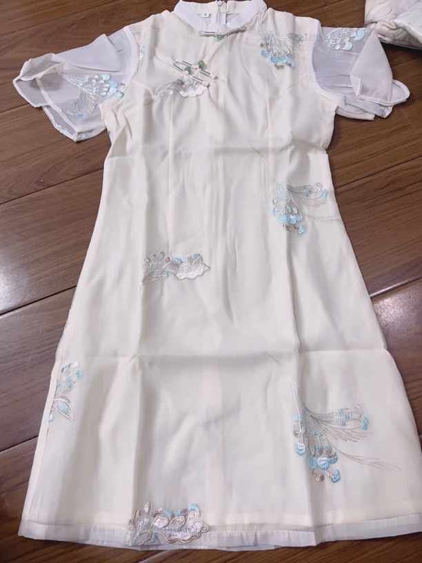 V-1906 香草 米 流光纱刺绣 双层 夏款年轻款改良旗袍90cm短款