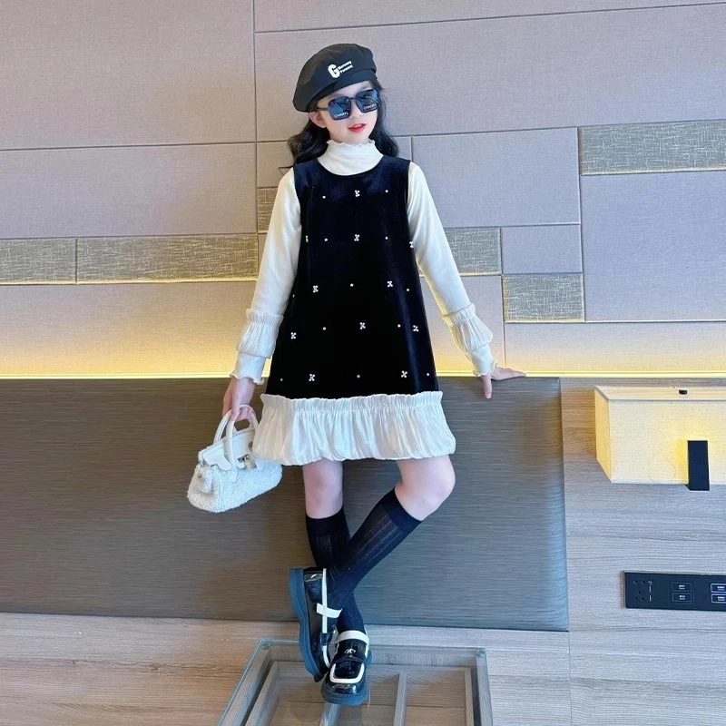 女童高端精致连衣裙套装2024秋冬新款儿童黑色背心裙冬装裙子高级