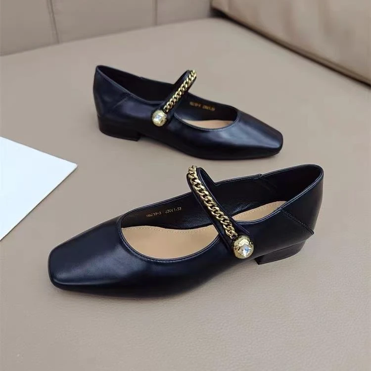 粗跟方头玛丽珍小皮鞋女秋新款百搭浅口复古软皮软底单鞋998-27