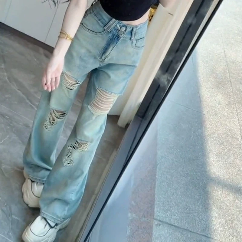 破洞直筒牛仔裤女夏季2024新款高腰显瘦窄版阔腿裤时尚休闲百搭潮