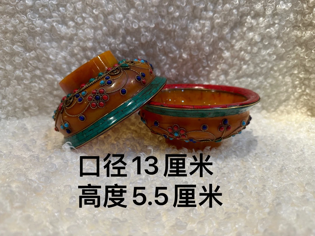 古玩收藏西藏收镶嵌宝石蜜蜡碗净水碗家居玄关办公装饰酥油碗摆件