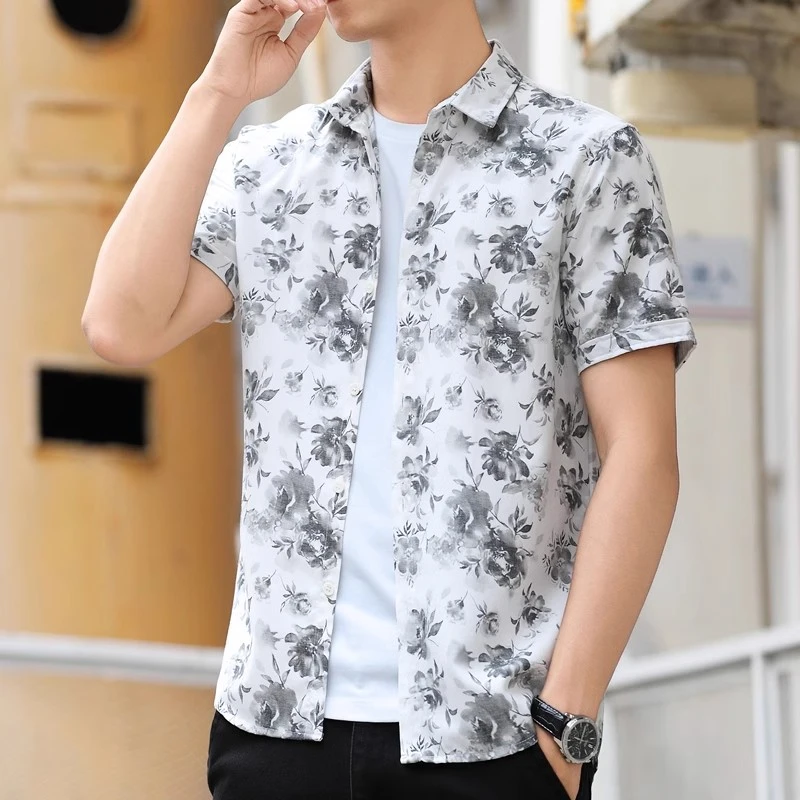 水墨画印花衬衫男短袖夏季新款个性潮流衬衣青年休闲男装痞帅上衣