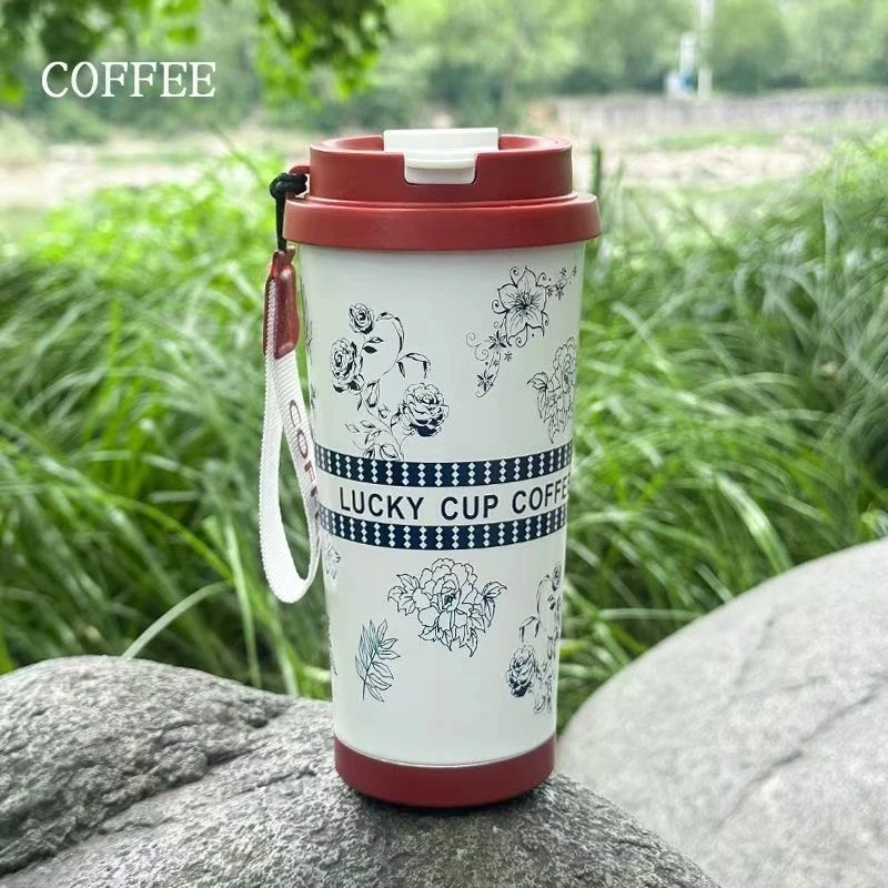 高颜值500ML铃兰杯保温杯双饮杯车载杯吸管咖啡杯金属罐保温保冷